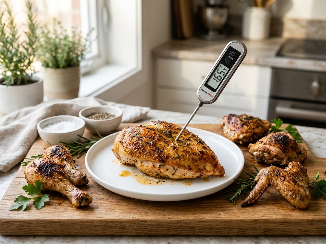 Cooked chicken breast on a plate with a meat thermometer showing the temperature, surrounded by other chicken cuts on a wooden board in a kitchen.