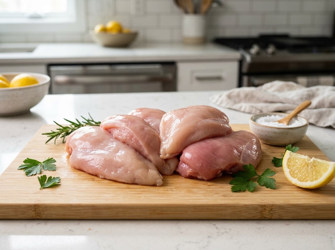 Close-up of raw chicken breasts on a white cutting board with fresh herbs and a lemon wedge in a kitchen setting.