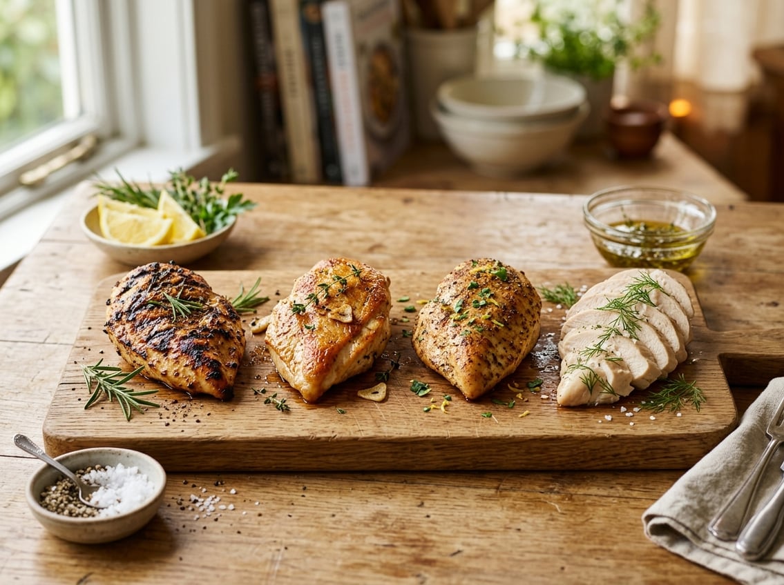 A variety of cooked chicken breasts prepared using different methods arranged on a plate with herbs and lemon wedges.