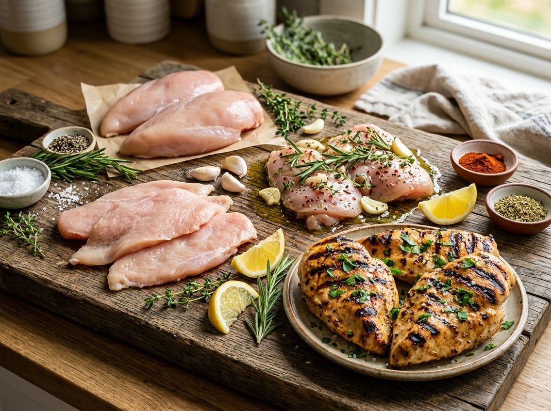 Various styles of chicken breasts arranged on a wooden board with fresh herbs and lemon wedges.
