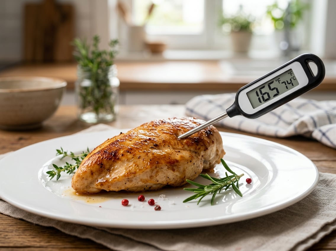 Close-up of a cooked chicken breast with a digital thermometer showing the safe internal temperature on a white plate.