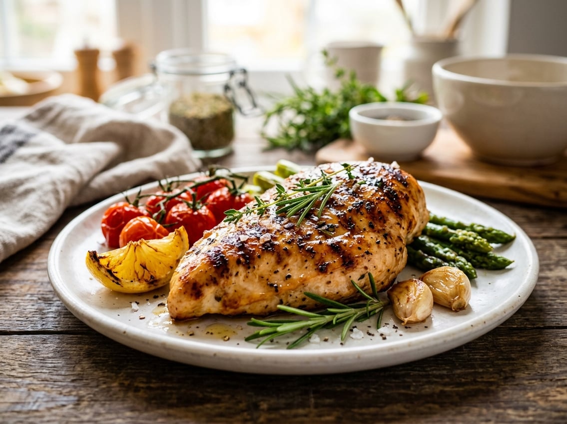 A cooked chicken breast on a plate garnished with fresh herbs and surrounded by lemon wedges and vegetables.