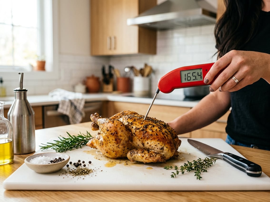 A cooked chicken breast on a cutting board being checked with a digital meat thermometer in a kitchen.