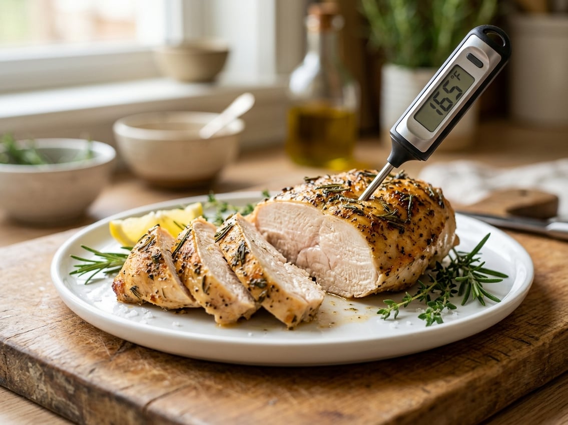 A sliced cooked chicken breast on a white plate with a food thermometer inserted, surrounded by fresh herbs on a wooden cutting board.