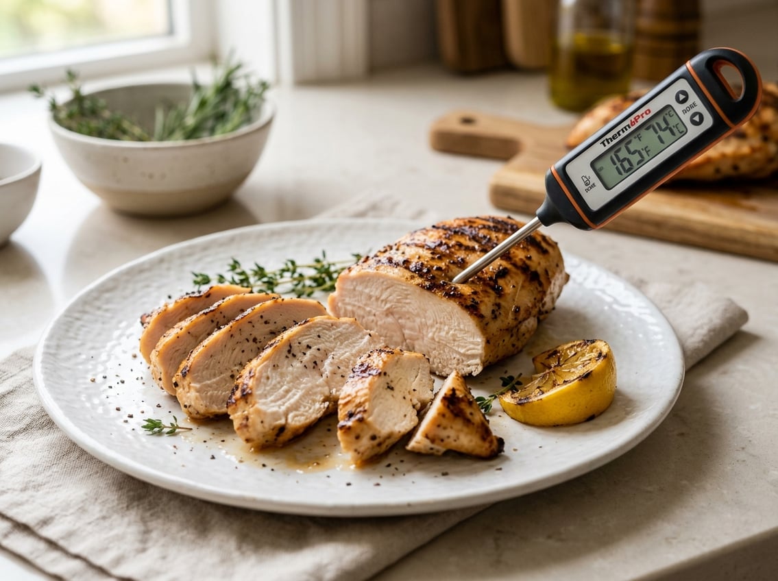 Close-up of a sliced cooked chicken breast on a plate with a digital meat thermometer showing the temperature inserted into the chicken.