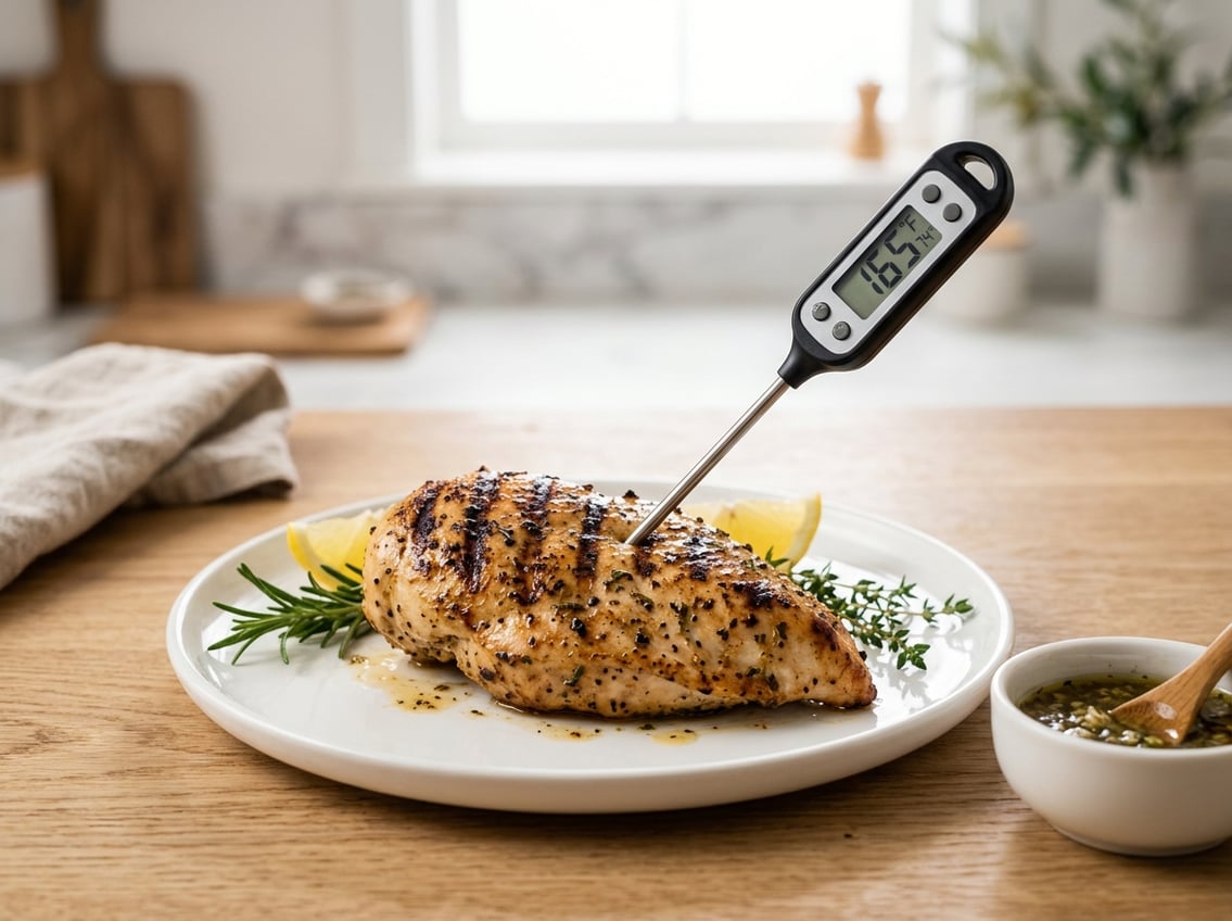 A cooked chicken breast on a plate with a digital thermometer showing a safe internal temperature.