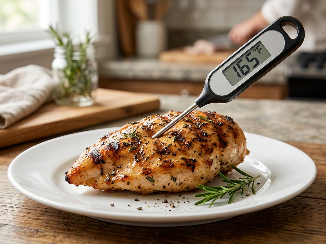 Close-up of a cooked chicken breast on a plate with a digital meat thermometer inserted showing the temperature.