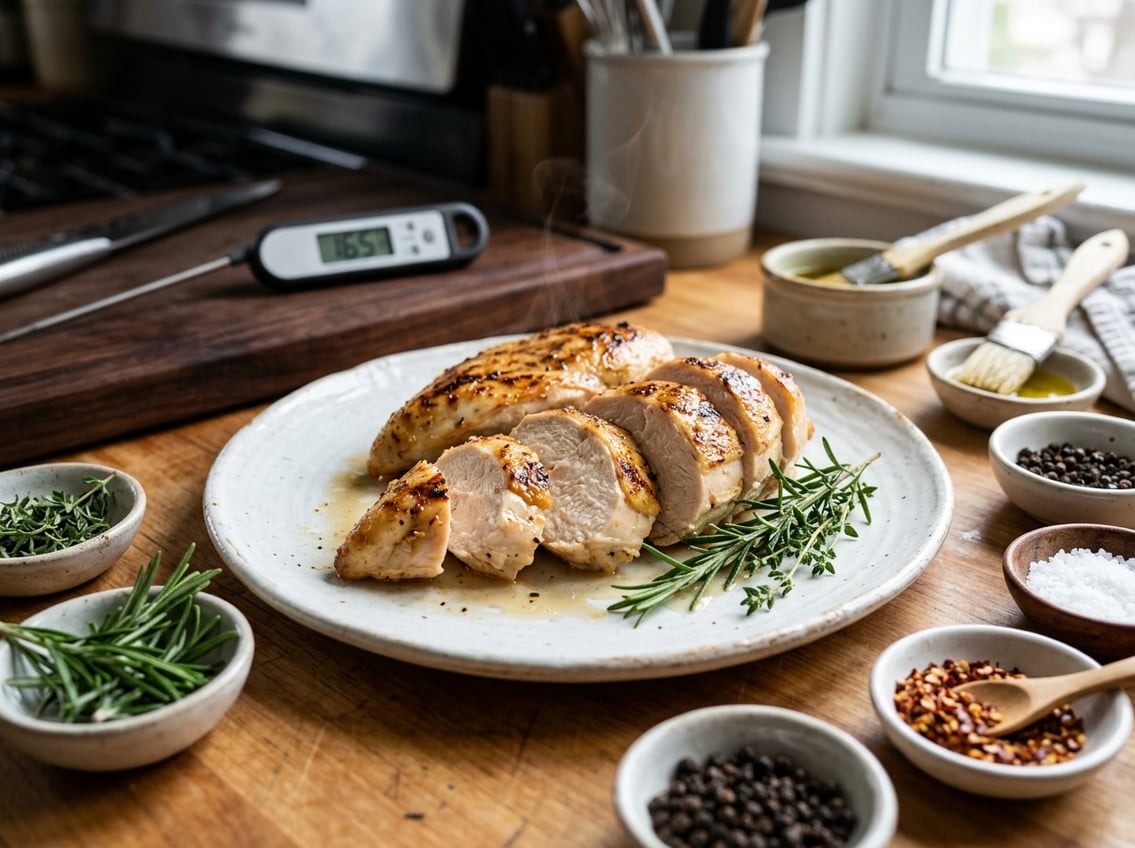 Sliced cooked chicken breast on a white plate with herbs and cooking utensils in the background.