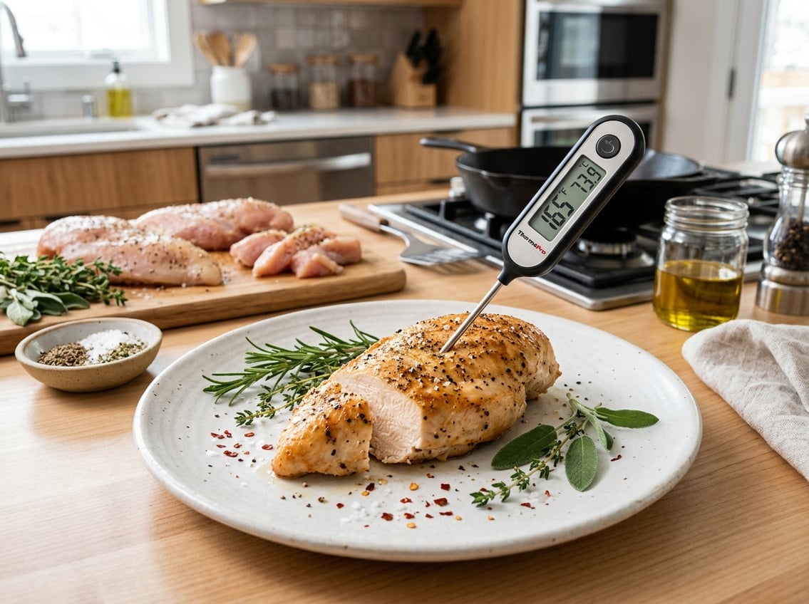 Close-up of a cooked chicken breast on a plate with a meat thermometer inserted, surrounded by fresh herbs and raw chicken cuts in a bright kitchen.