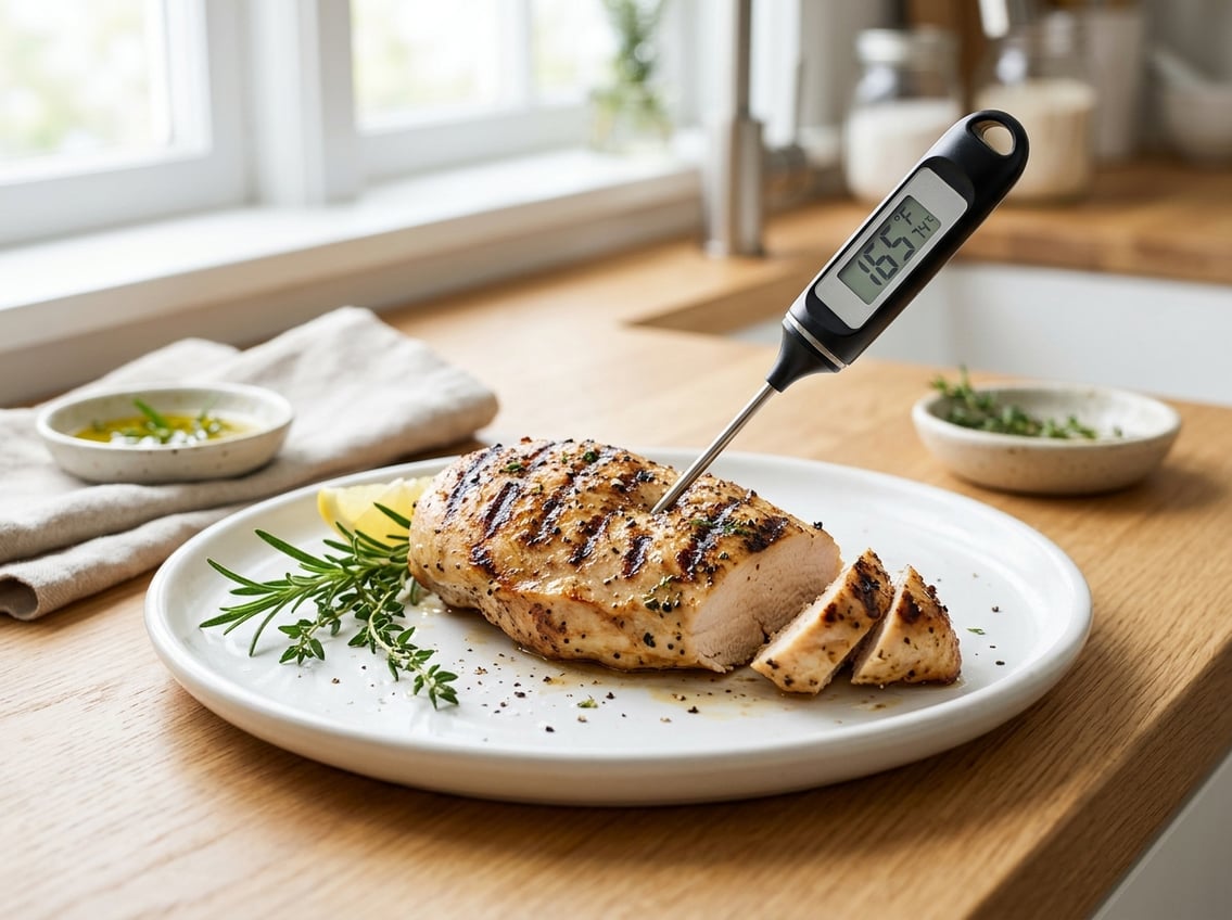 A cooked chicken breast on a plate with a food thermometer inserted, showing the temperature, surrounded by fresh herbs on a kitchen countertop.