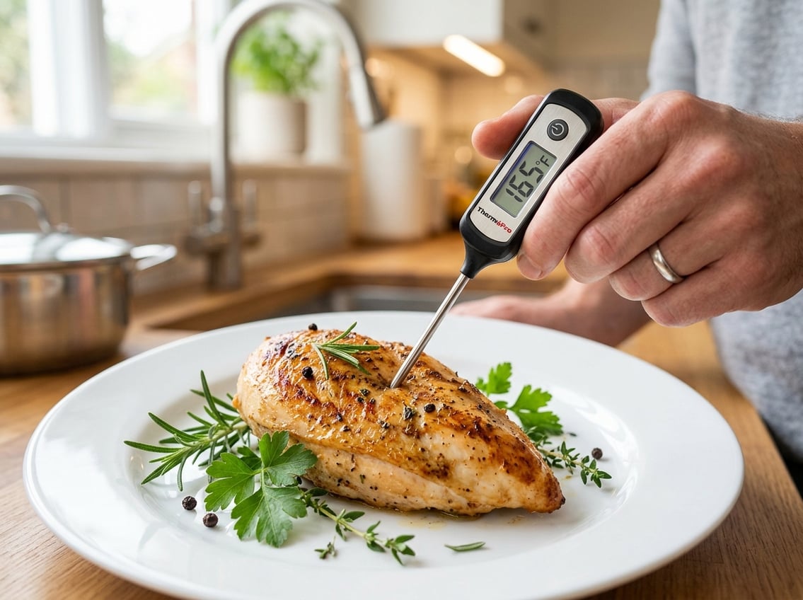 A person checking the temperature of a cooked chicken breast with a digital meat thermometer in a kitchen.