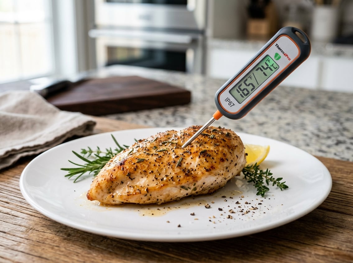 Close-up of a cooked chicken breast on a plate with a food thermometer showing a safe internal temperature.