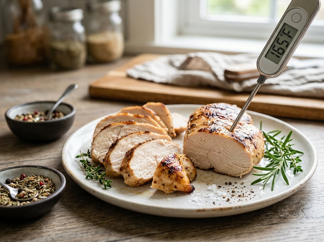 Close-up of sliced cooked chicken breasts on a white plate with a digital food thermometer inserted, surrounded by fresh herbs on a kitchen countertop.