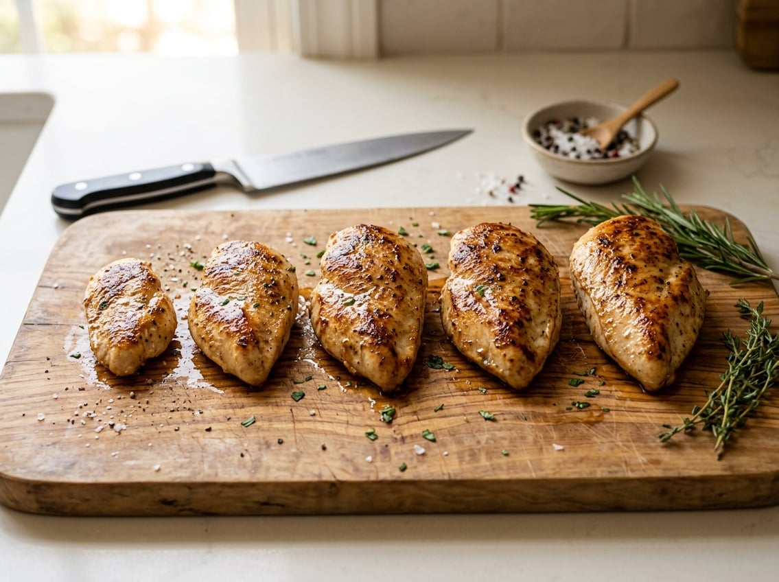 Close-up of cooked chicken breasts resting on a wooden cutting board with fresh herbs and a knife nearby in a clean kitchen setting.
