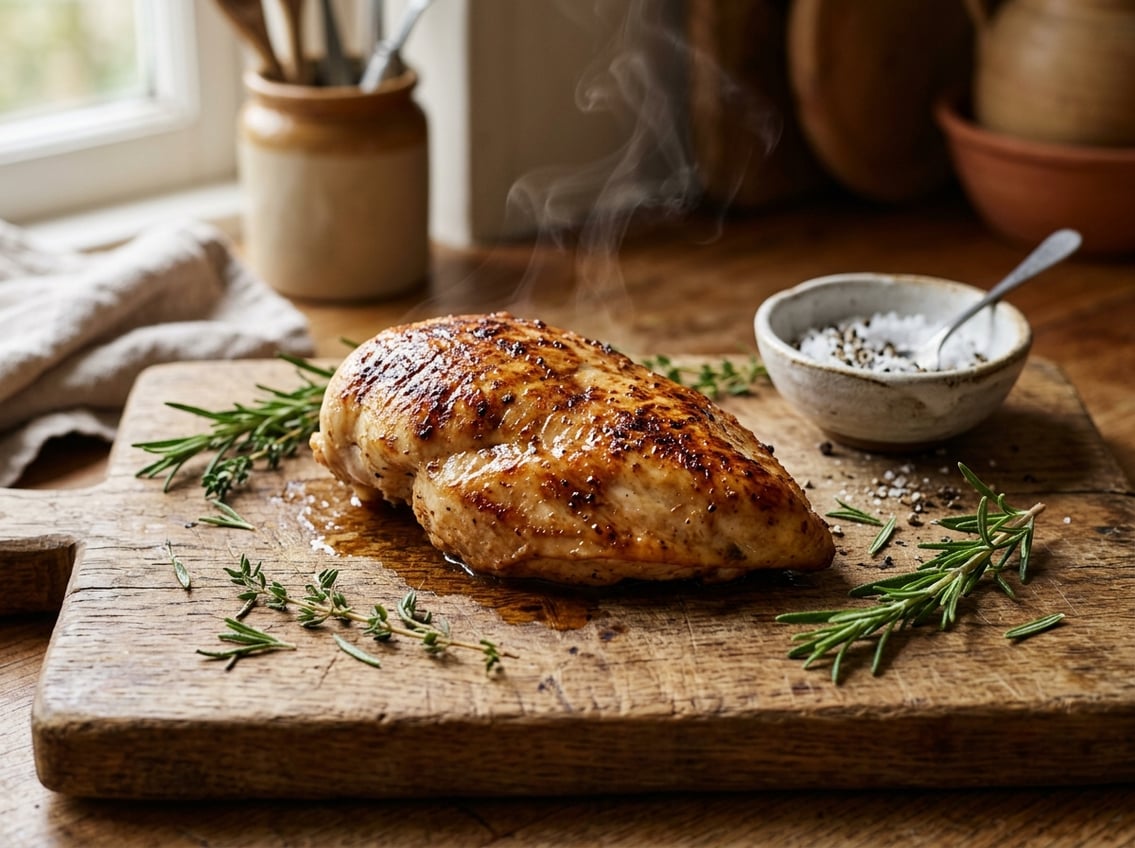 A close-up of a cooked chicken breast resting on a wooden cutting board with herbs and seasoning nearby.