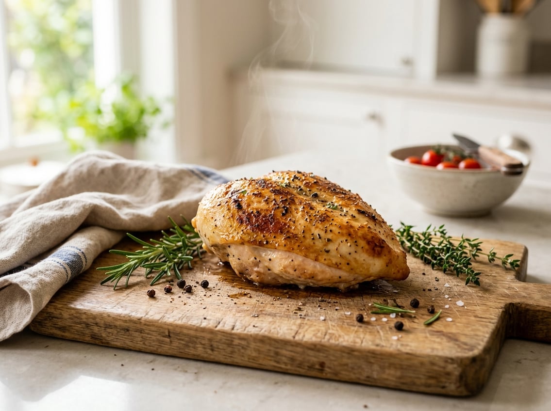 A cooked chicken breast resting on a wooden cutting board with fresh herbs nearby in a bright kitchen.