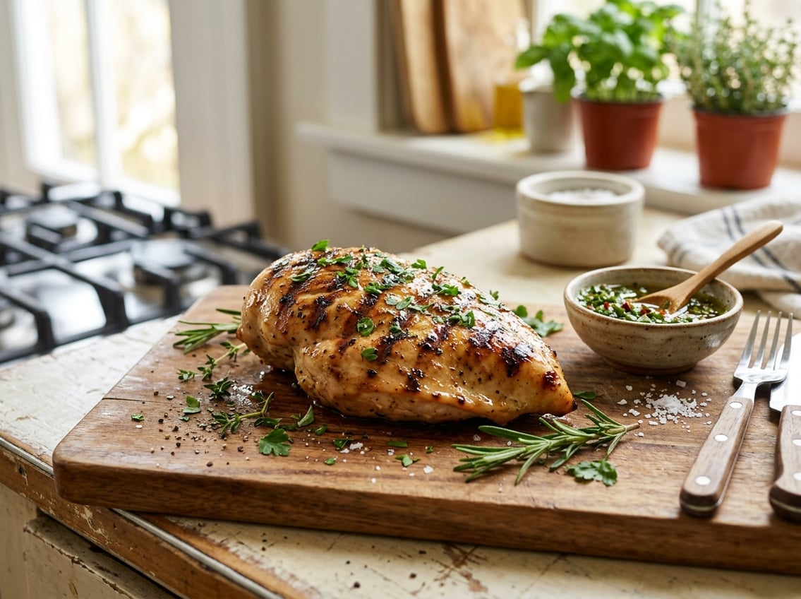 A cooked chicken breast resting on a wooden cutting board with fresh herbs and a small bowl of sauce nearby in a kitchen setting.