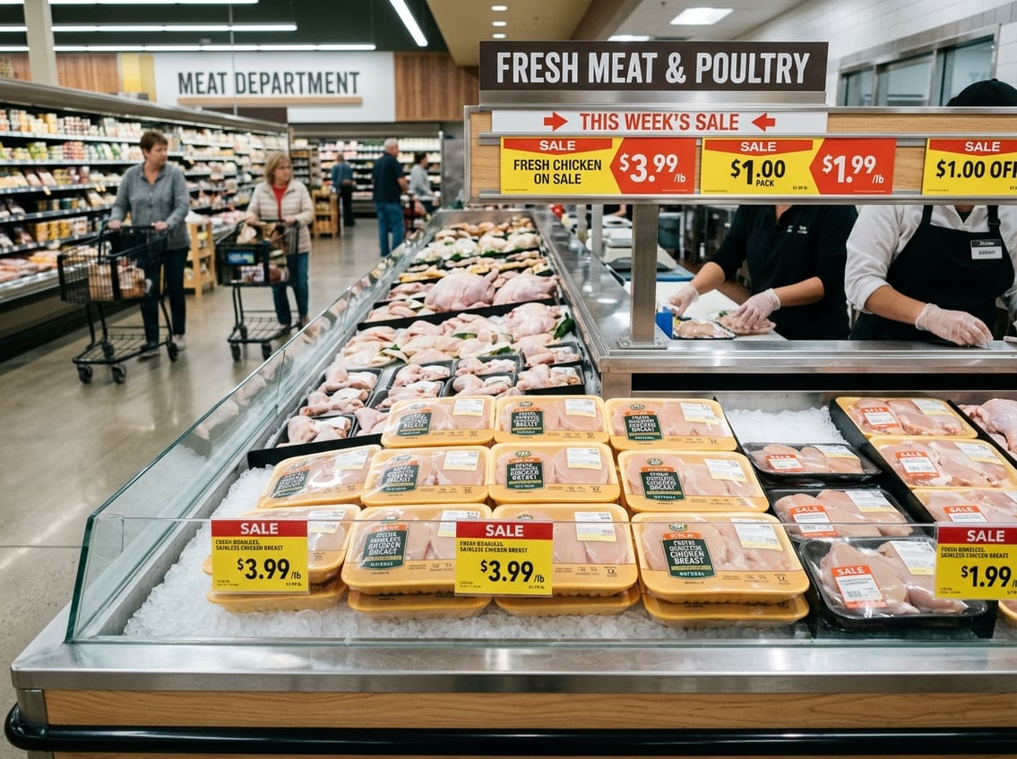 Fresh chicken breasts displayed on sale in a grocery store meat section with shoppers in the background.