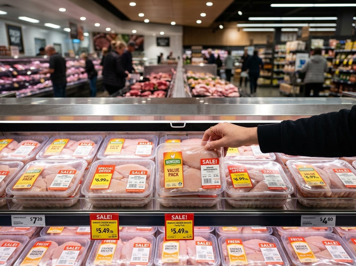 A shopper's hand selecting a package of chicken breasts from a supermarket meat section with visible price tags.