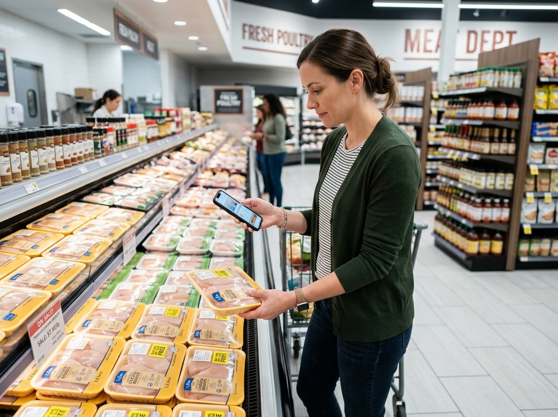 A shopper in a grocery store aisle looking at packaged chicken breasts while holding a smartphone.