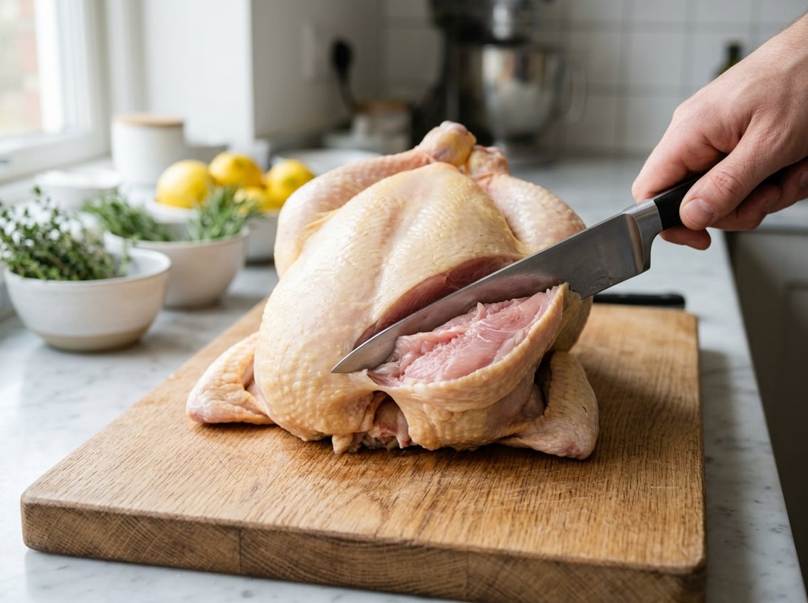 A whole raw chicken on a cutting board with a knife cutting along the breast area.