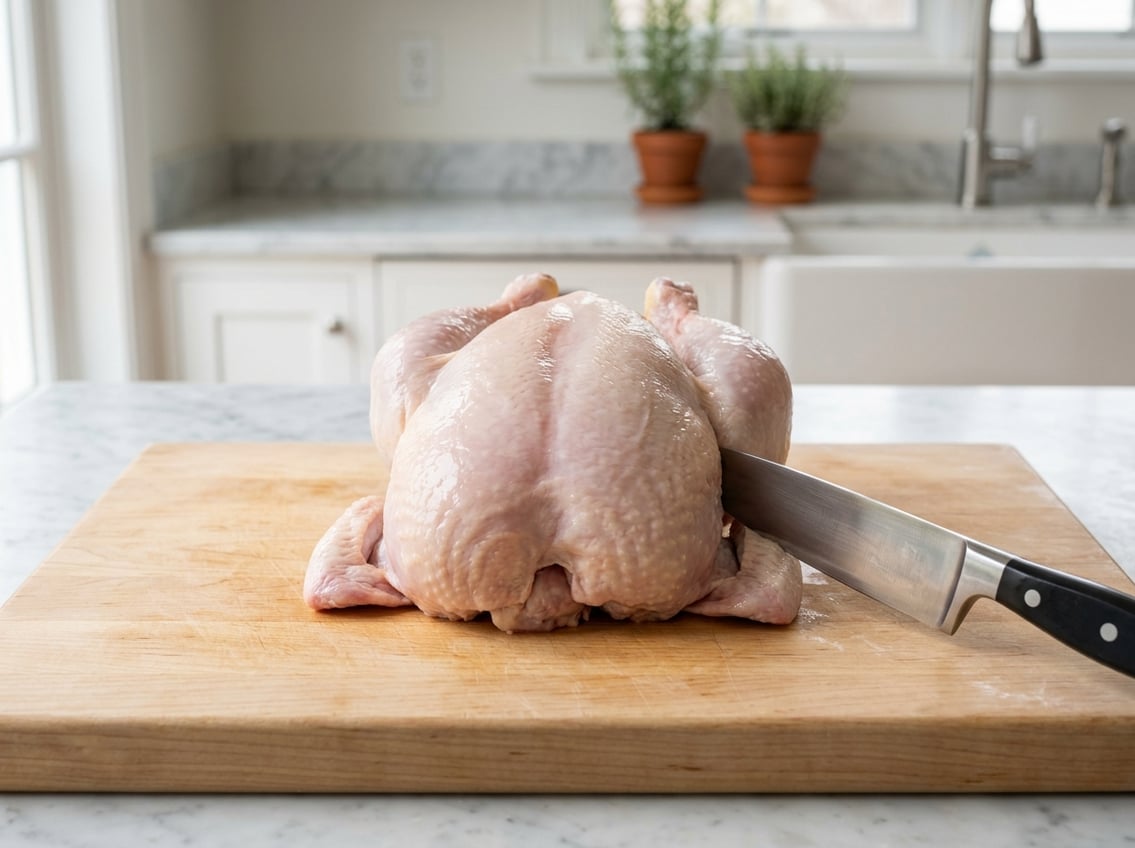 A whole raw chicken on a cutting board with a focus on the breast section and a kitchen knife nearby.