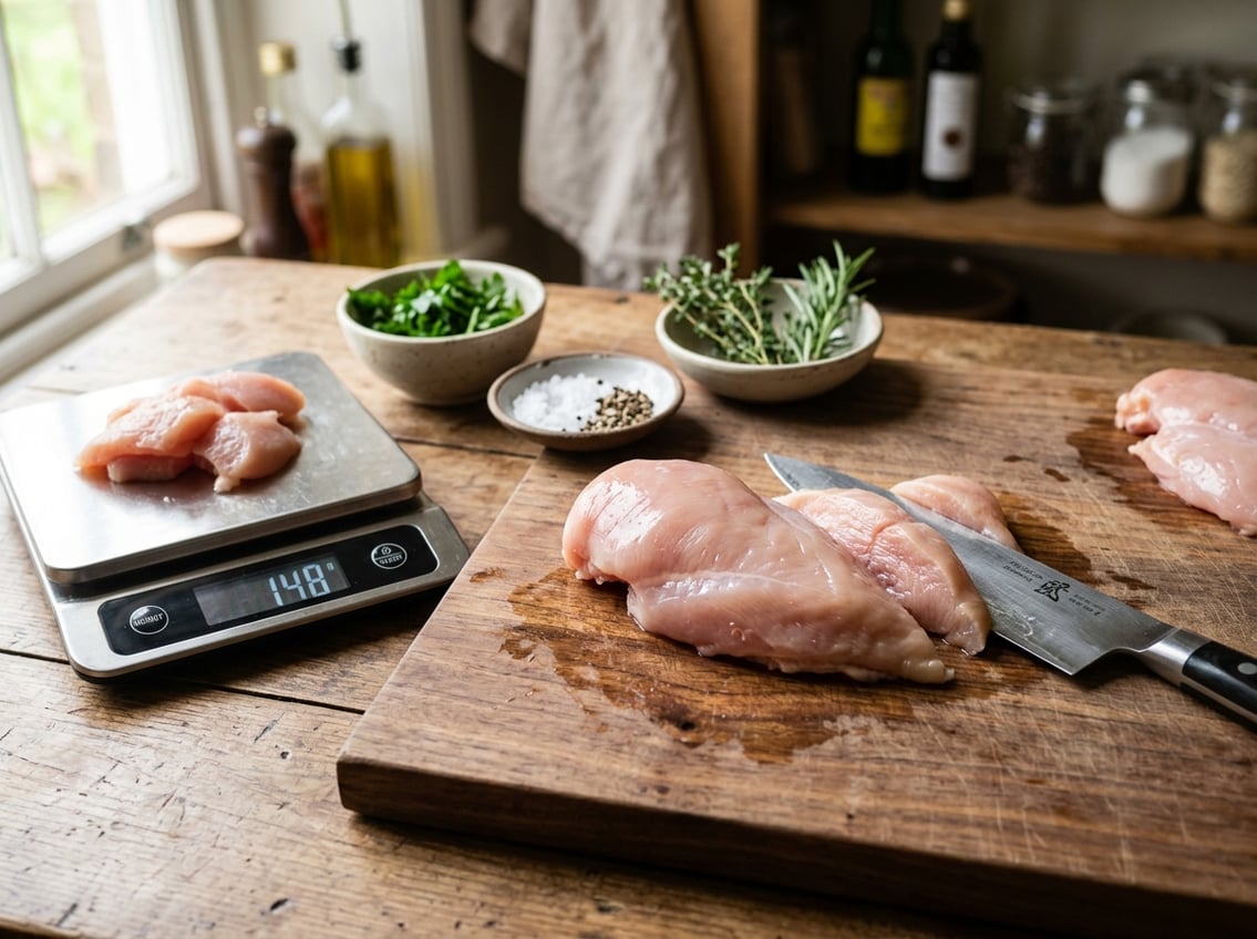Close-up of a raw chicken breast on a wooden cutting board with a chef's knife, measuring scales, and bowls of herbs in a kitchen setting.