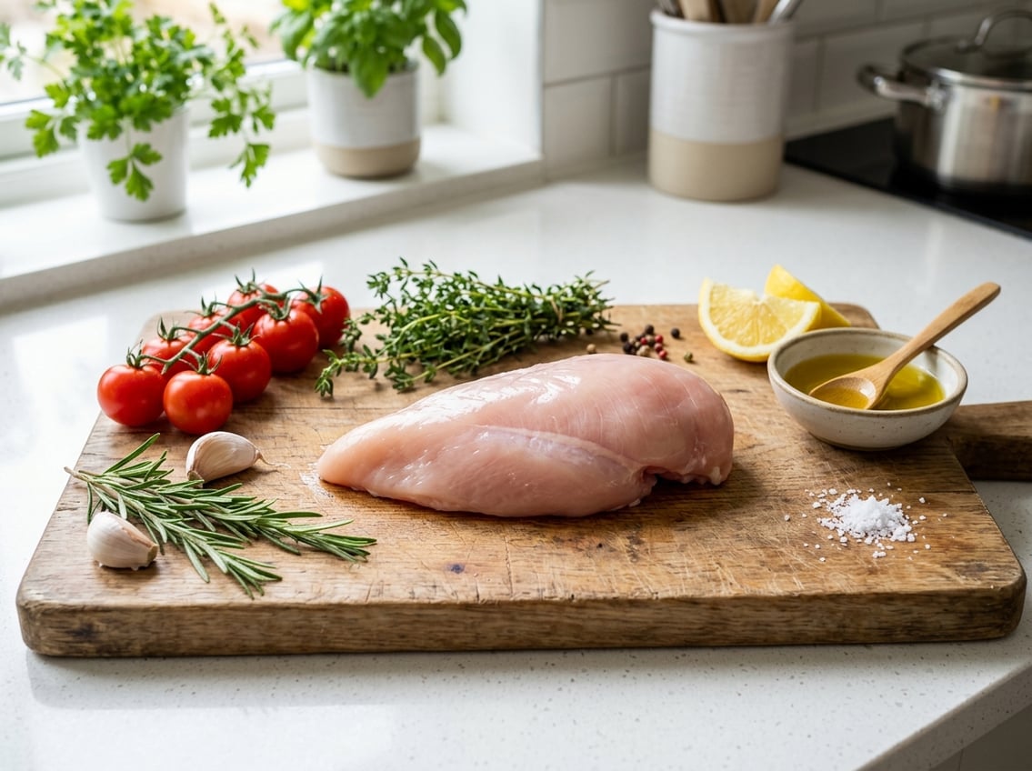 Fresh raw chicken breast on a wooden cutting board surrounded by fresh herbs, garlic, tomatoes, lemon, and olive oil on a kitchen countertop.