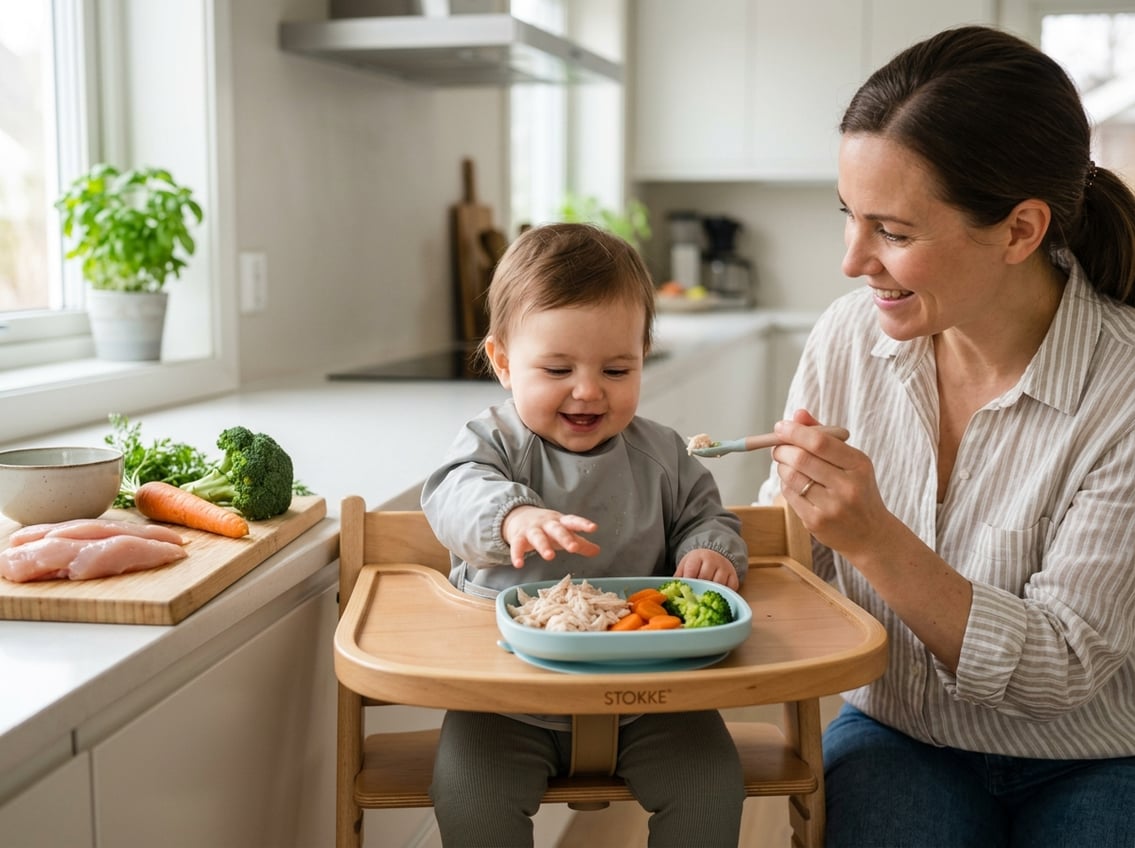 A baby sitting in a high chair reaching for a plate of shredded chicken breast and vegetables, with a caregiver nearby in a kitchen.