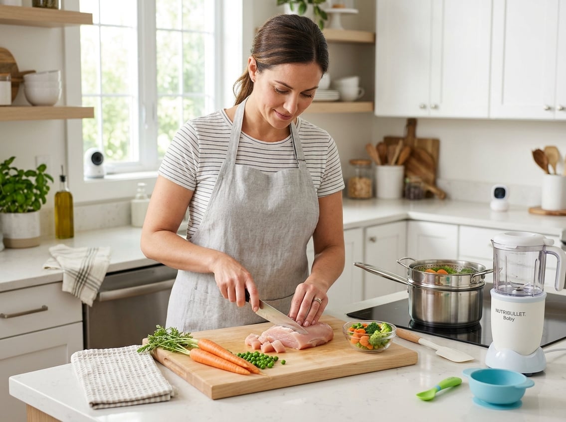 A parent preparing chicken breast and fresh vegetables in a kitchen for a baby’s meal.