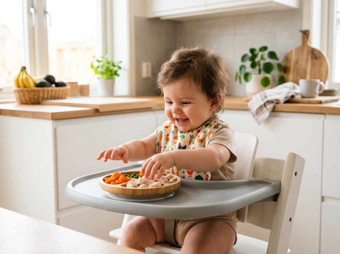 A baby sitting in a high chair reaching for small pieces of cooked chicken breast and steamed vegetables on a tray.