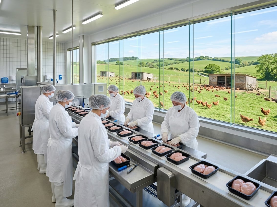 A poultry farm with chickens in a green pasture and workers processing chicken breasts in a clean facility.