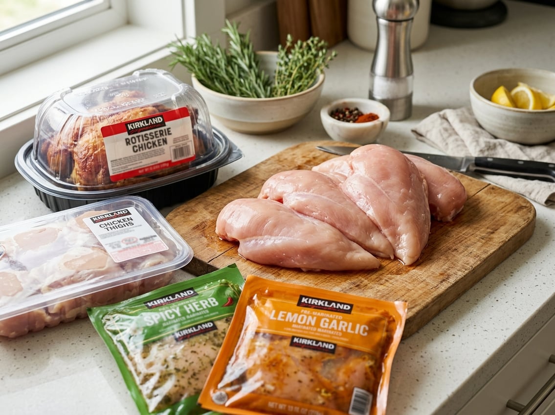 Close-up of raw chicken breasts on a cutting board surrounded by various packaged Costco chicken products in a kitchen setting.