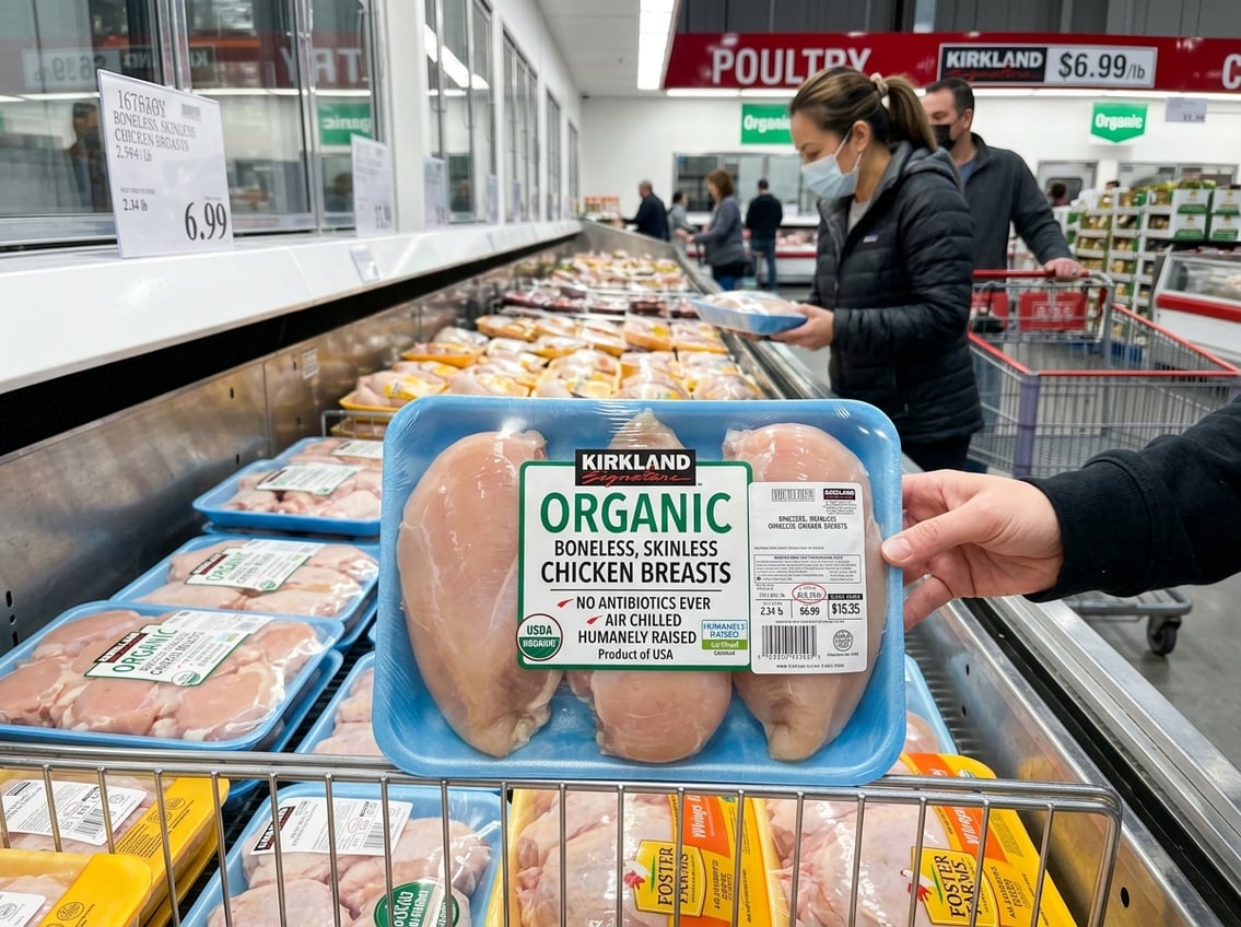 Fresh packaged chicken breast on display in a grocery store refrigerated section with shoppers in the background.