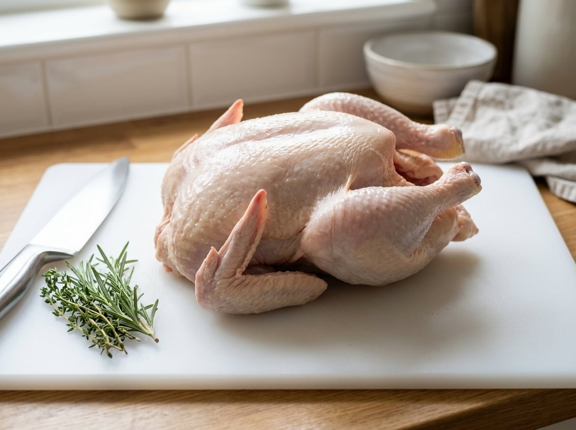 Raw whole chicken on a cutting board with the breast area clearly visible, highlighting the location of the chicken breast tenderloin.
