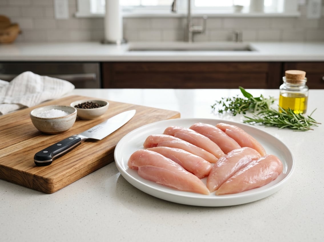 Fresh raw chicken breast tenderloins on a plate placed on a kitchen countertop with herbs and a knife nearby.