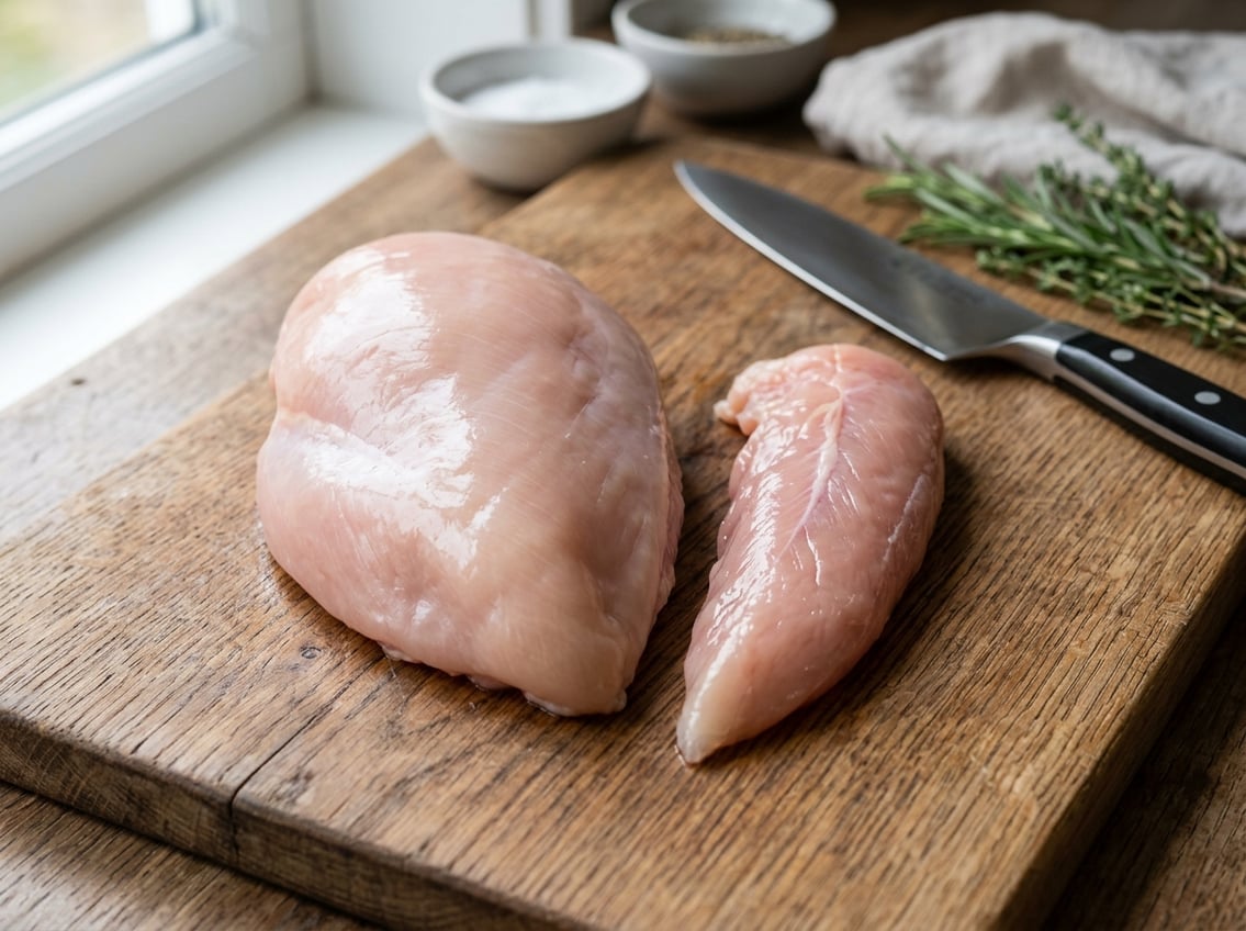 Close-up of a raw chicken breast and its tenderloin placed side by side on a wooden cutting board with kitchen utensils and herbs in the background.