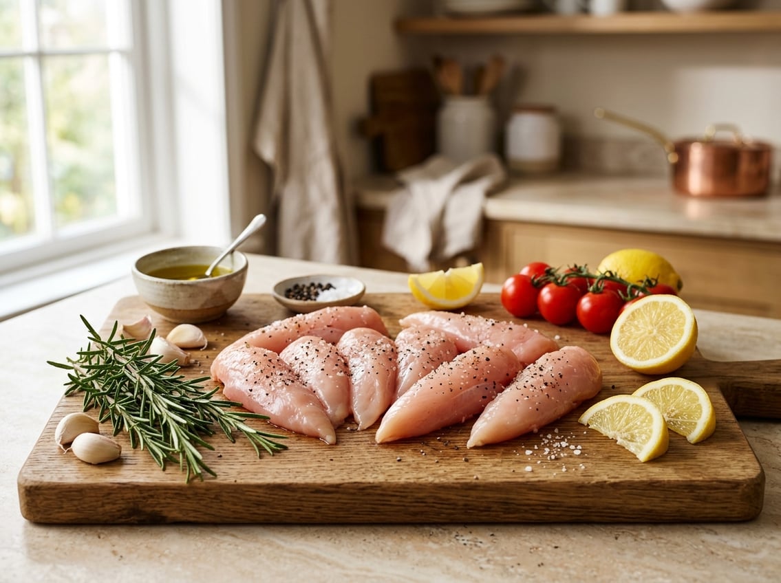 Fresh raw chicken breast tenderloins on a wooden cutting board surrounded by fresh herbs and ingredients in a kitchen setting.