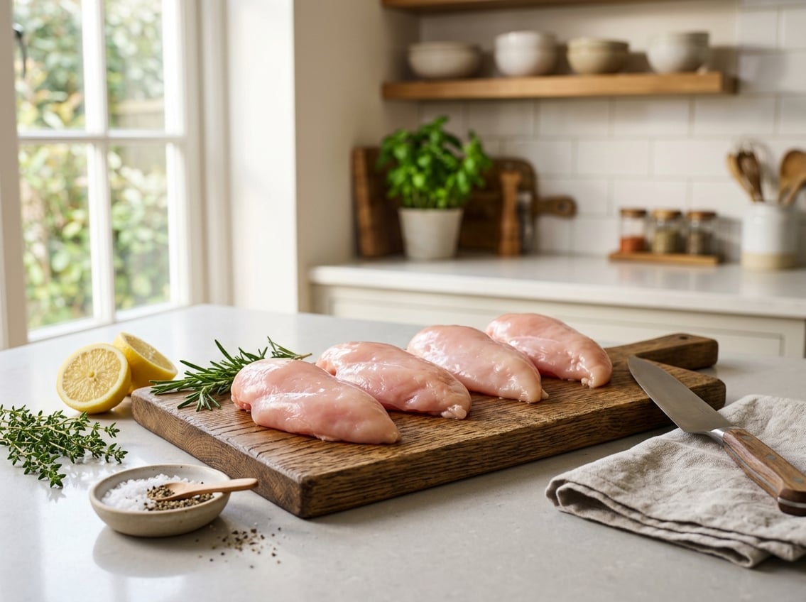 Raw chicken breasts arranged on a wooden cutting board with herbs, lemon, and a knife on a kitchen countertop.