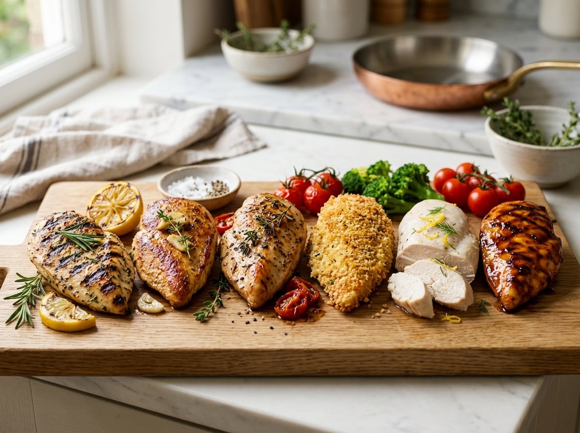 A variety of cooked chicken breasts prepared using different methods arranged on a plate with fresh herbs and vegetables.