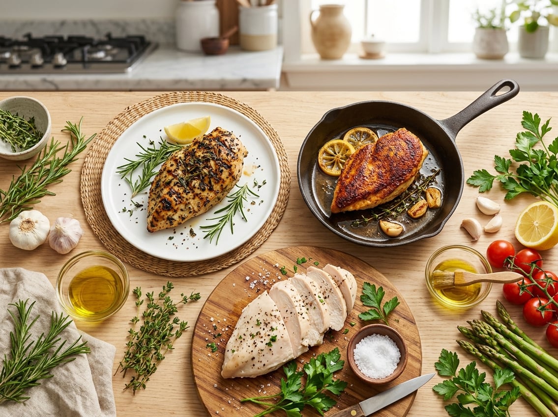 Various cooked chicken breast dishes arranged on a kitchen countertop with fresh herbs and vegetables.