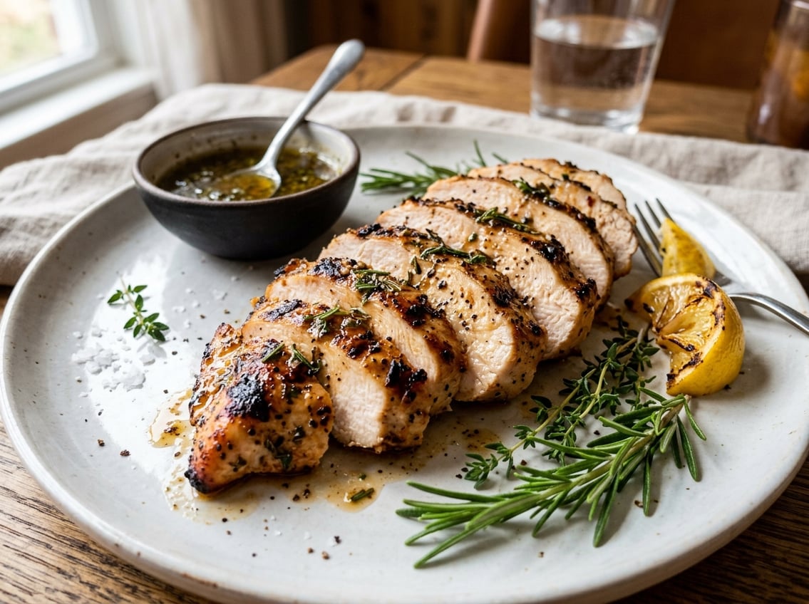 Close-up of sliced cooked chicken breast on a plate with herbs and lemon wedges.