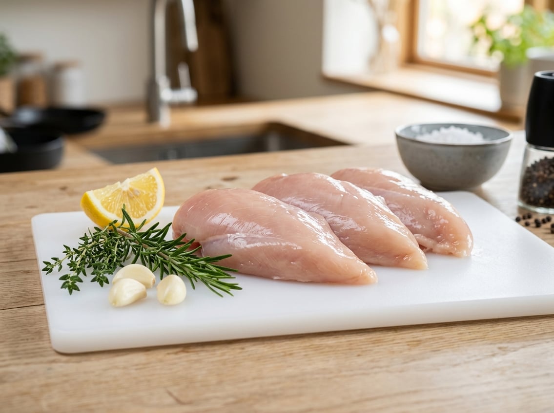 Raw chicken breast pieces on a white cutting board with herbs, garlic, and lemon in a kitchen setting.