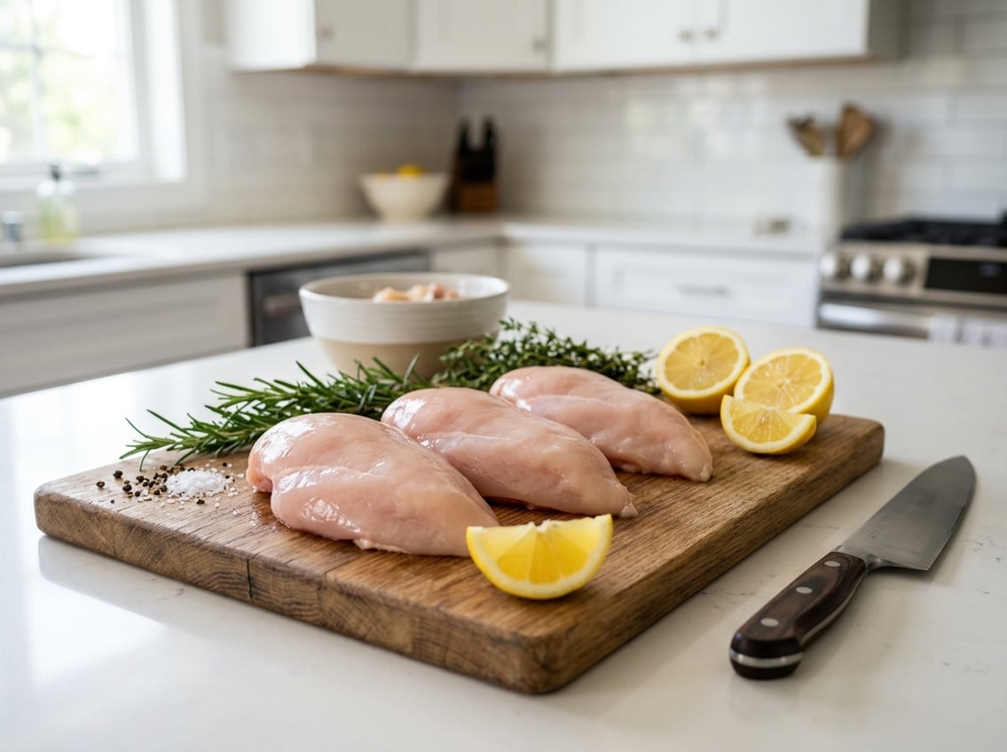 Close-up of raw chicken breast cuts on a wooden cutting board with fresh herbs and a lemon slice in a kitchen setting.
