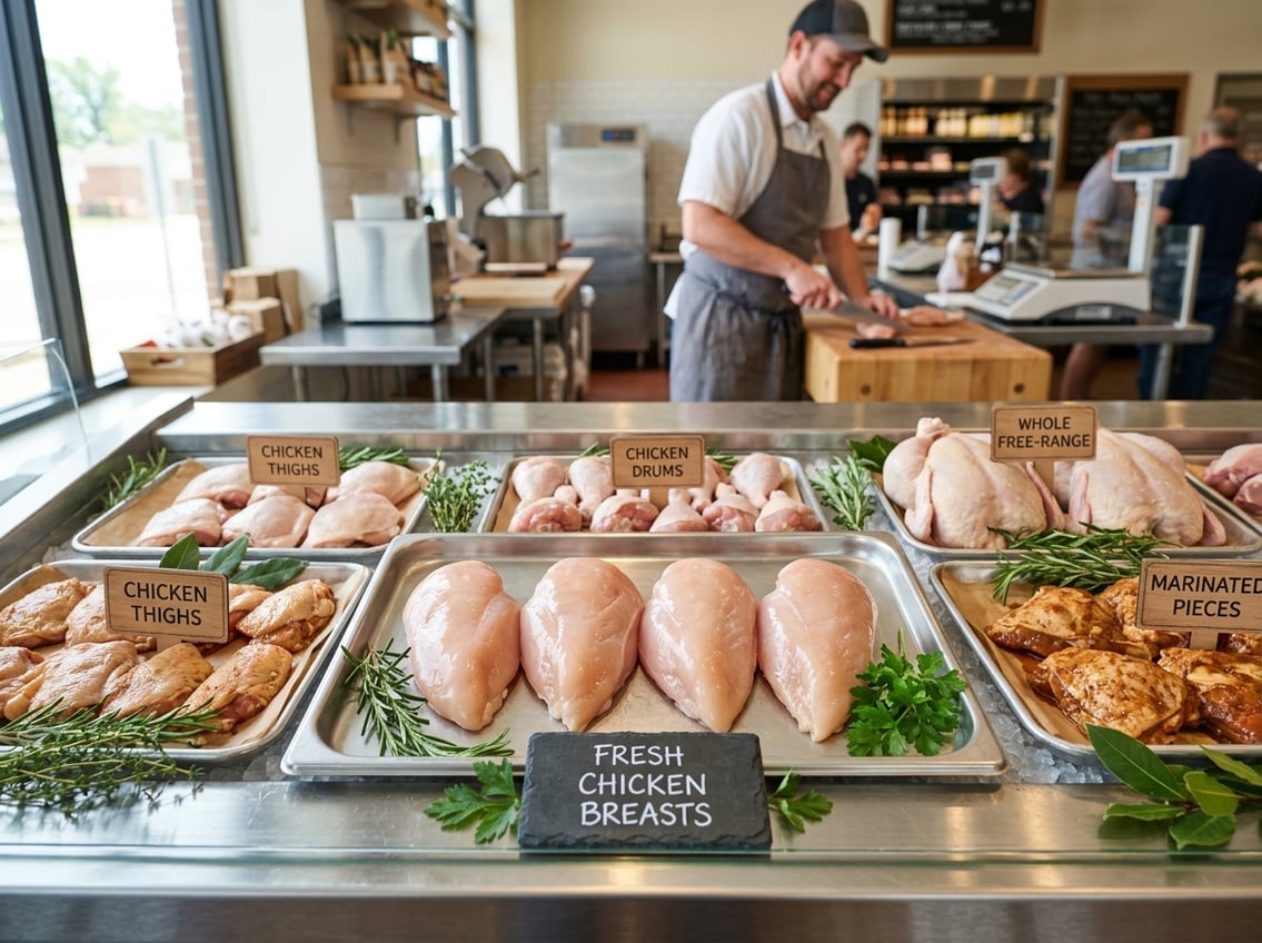A butcher's display with fresh chicken breasts and other poultry cuts arranged with herbs in a clean shop setting.