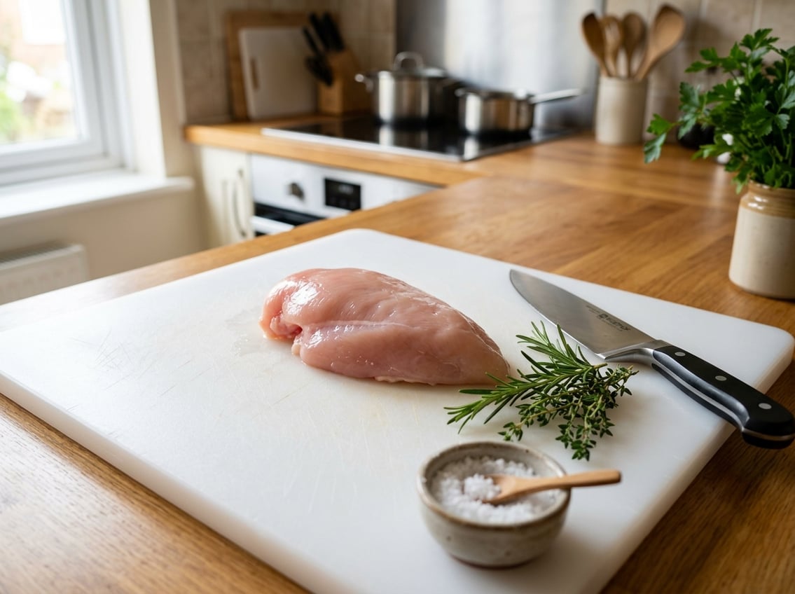 A raw chicken breast on a white cutting board with herbs and a knife in a kitchen setting.
