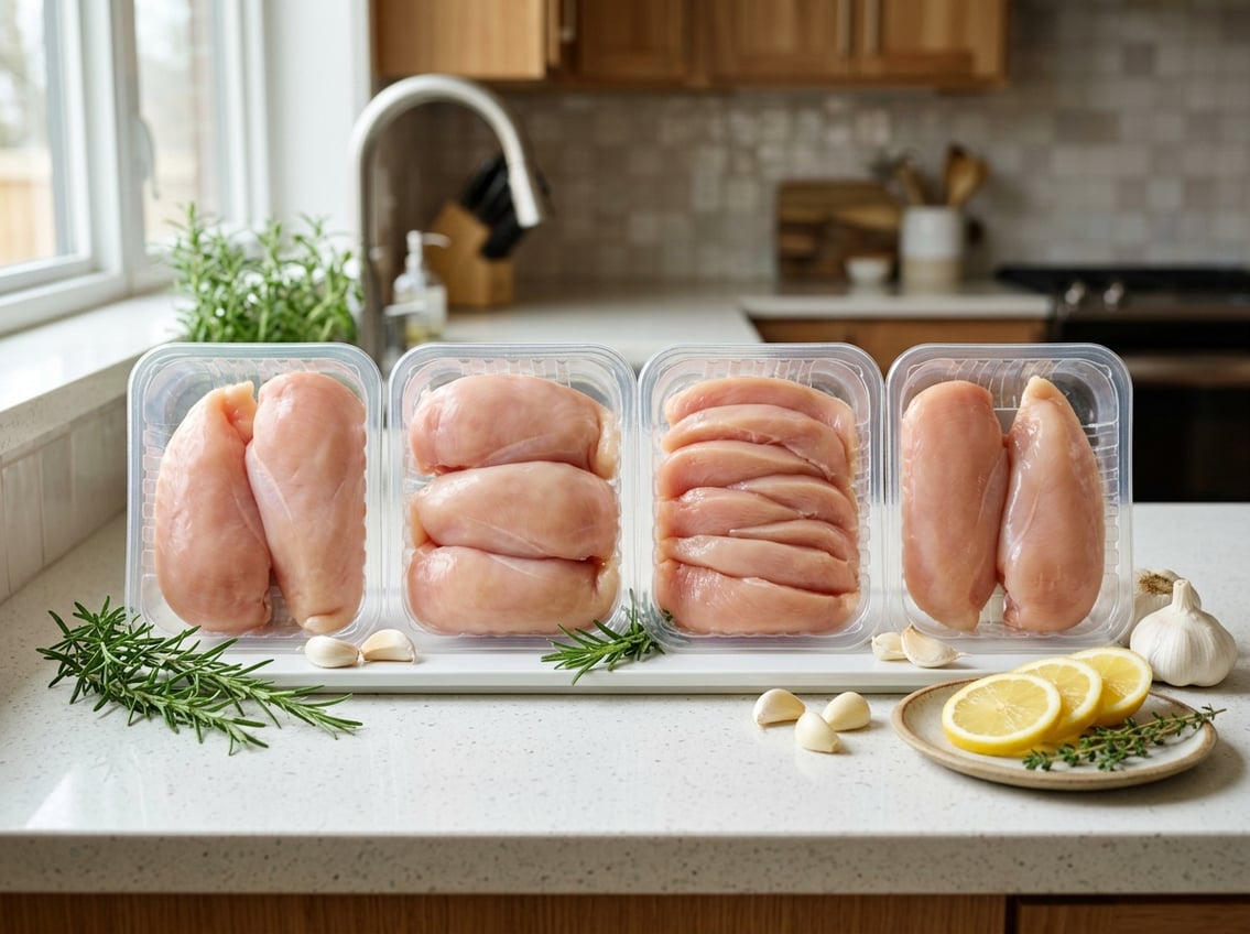 Different packages of raw chicken breasts arranged on a kitchen countertop with fresh herbs and lemon slices.
