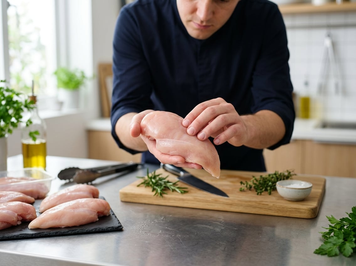 A person examining raw chicken breasts in a kitchen with several packaged chicken breast options on the countertop.