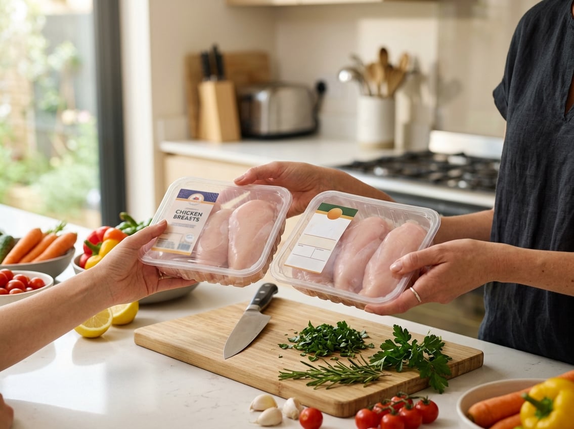 Hands comparing two packages of raw chicken breasts on a kitchen countertop surrounded by fresh ingredients.
