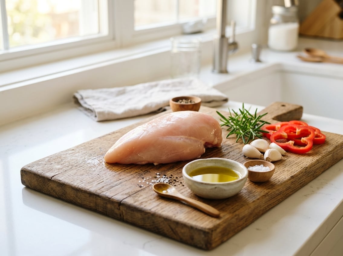 A fresh raw chicken breast on a wooden cutting board with garlic, rosemary, olive oil, and sliced red bell peppers in a bright kitchen.